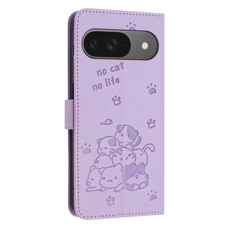 For Google Pixel 10 / 10 Pro Embossed Kitten Phone Leather Case with Lanyard