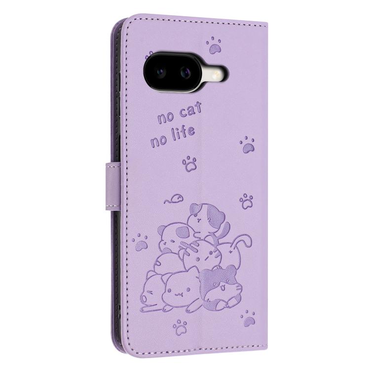 For Google Pixel 10a Embossed Kitten Phone Leather Case with Lanyard