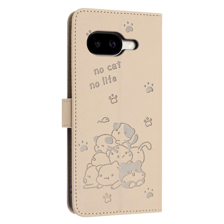 For Google Pixel 10a Embossed Kitten Phone Leather Case with Lanyard
