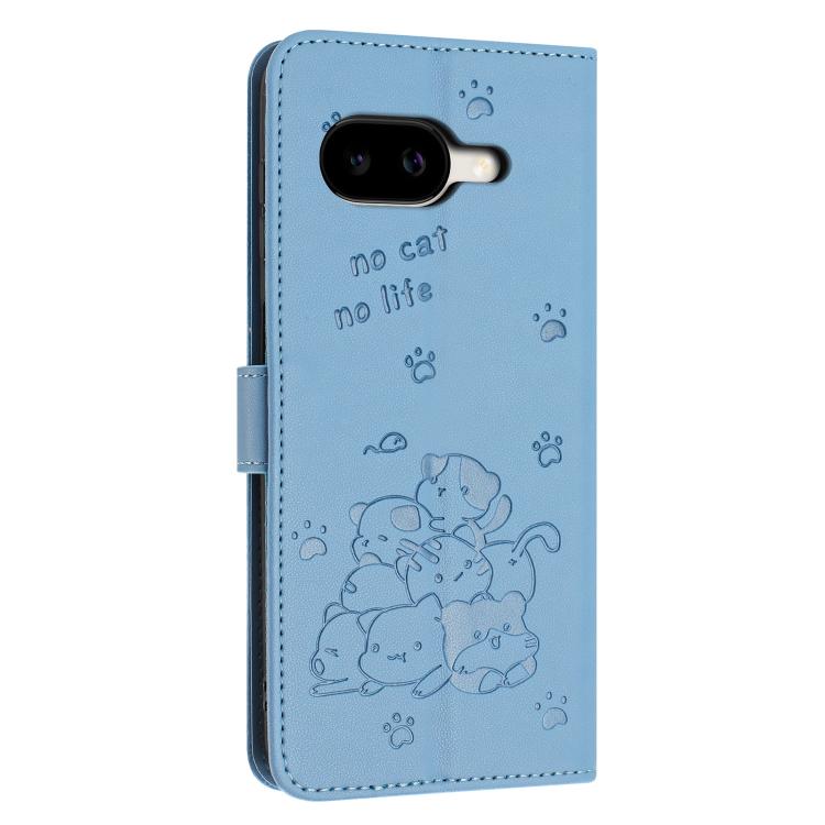 For Google Pixel 10a Embossed Kitten Phone Leather Case with Lanyard