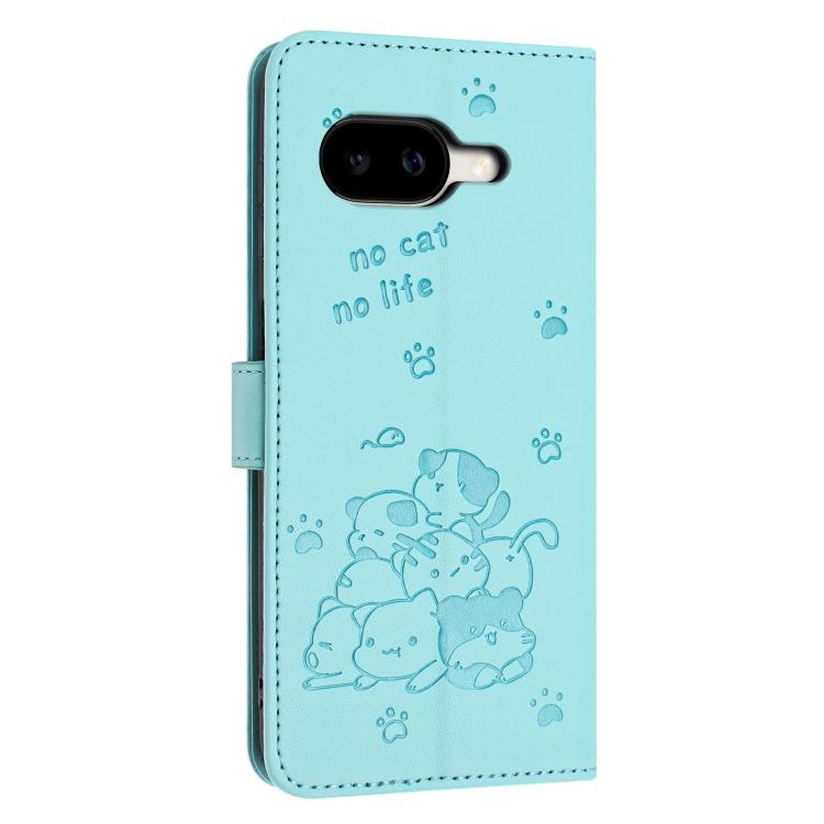 For Google Pixel 10a Embossed Kitten Phone Leather Case with Lanyard
