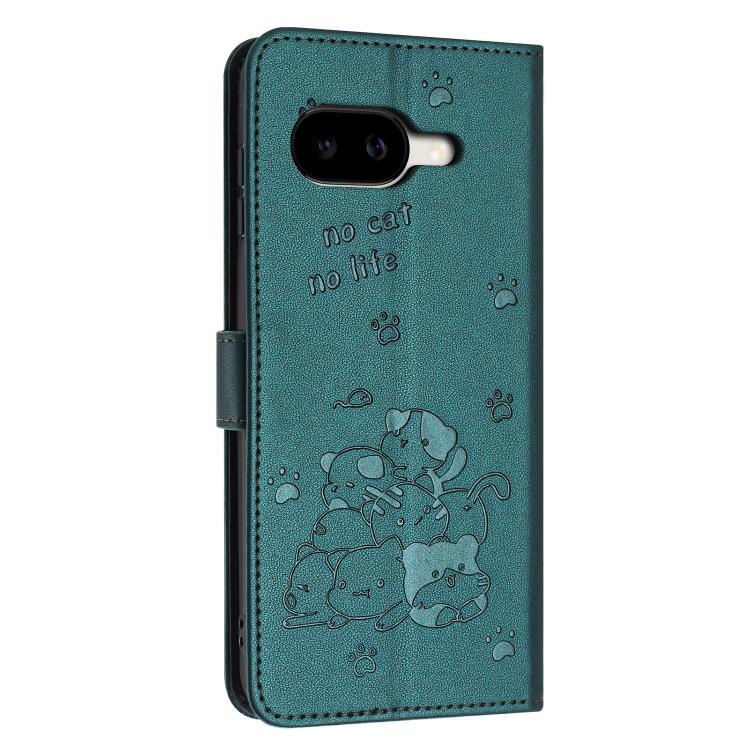 For Google Pixel 10a Embossed Kitten Phone Leather Case with Lanyard