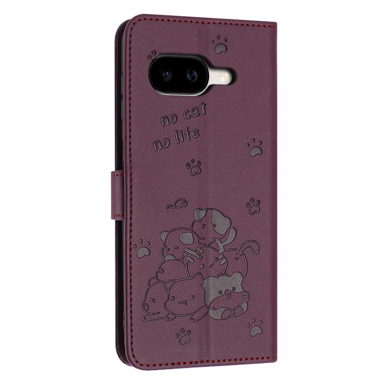For Google Pixel 10a Embossed Kitten Phone Leather Case with Lanyard