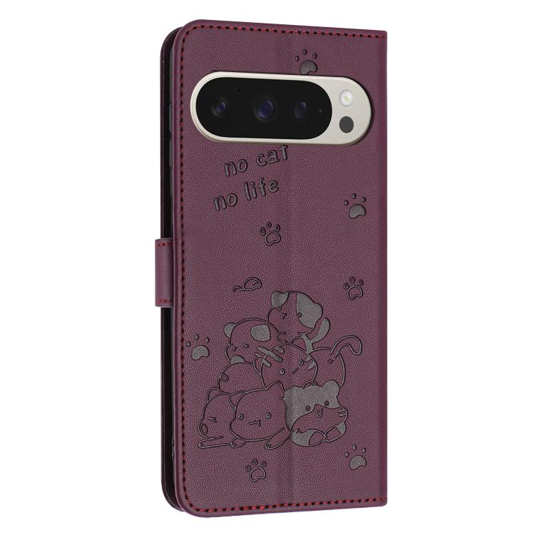For Google Pixel 11 Pro XL Embossed Kitten Phone Leather Case with Lanyard