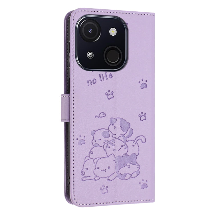 For itel A50C Embossed Kitten Phone Leather Case with Lanyard