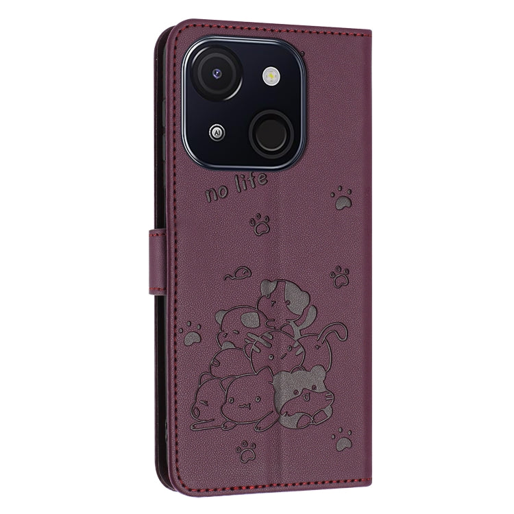 For itel A50C Embossed Kitten Phone Leather Case with Lanyard