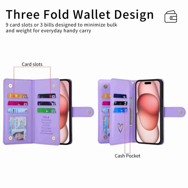 For iPhone 15 POLA Love Multi-Card Slots Zipper Wallet Leather Phone Case