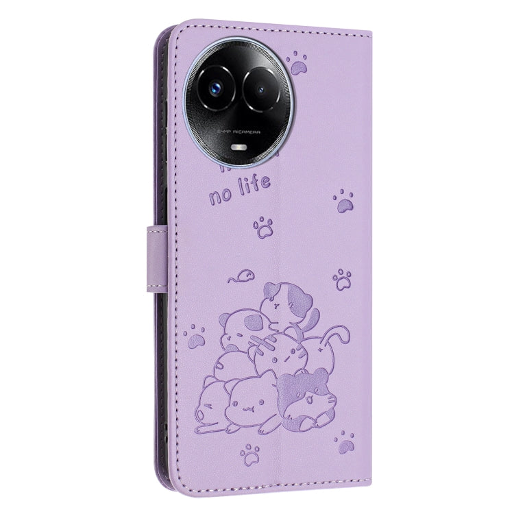 For Realme 11 5G Global / 11x Embossed Kitten Phone Leather Case with Lanyard