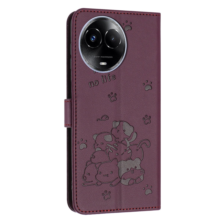 For Realme 11 5G Global / 11x Embossed Kitten Phone Leather Case with Lanyard