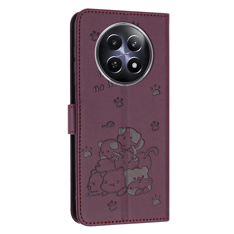 For Realme 12 5G / 12x 5G Global Embossed Kitten Phone Leather Case with Lanyard