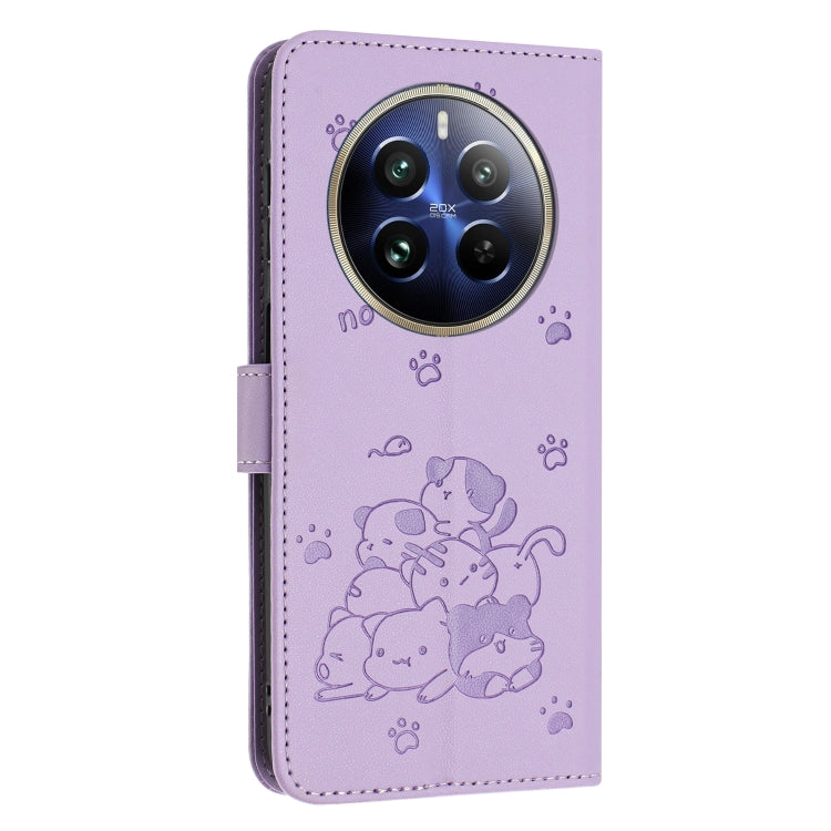 For Realme 12 Pro+ / 12 Pro Embossed Kitten Phone Leather Case with Lanyard