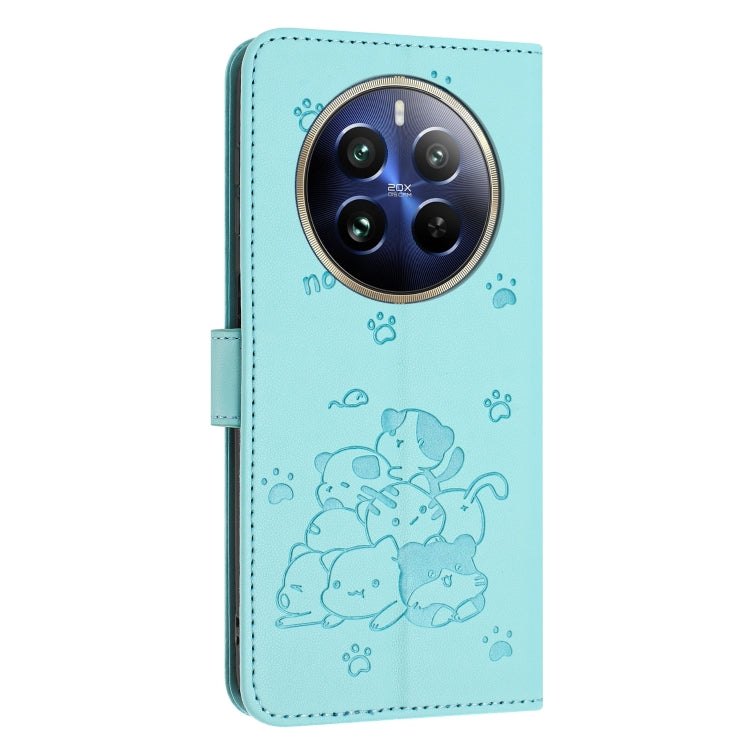 For Realme 12 Pro+ / 12 Pro Embossed Kitten Phone Leather Case with Lanyard