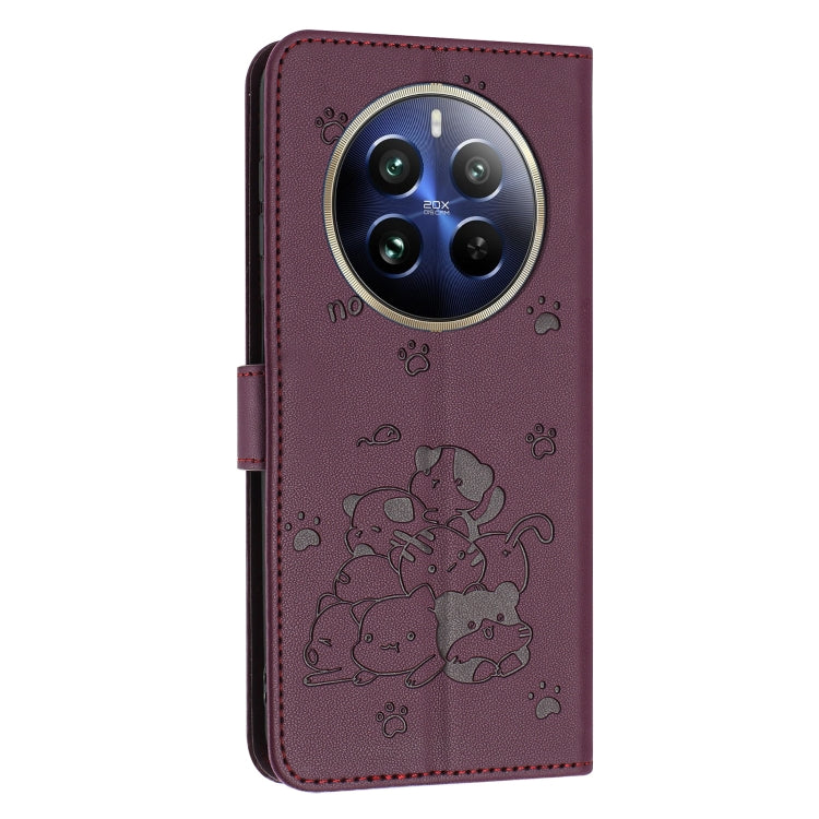 For Realme 12 Pro+ / 12 Pro Embossed Kitten Phone Leather Case with Lanyard