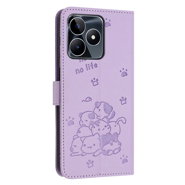 For Realme C53 / Narzo N53 Embossed Kitten Phone Leather Case with Lanyard