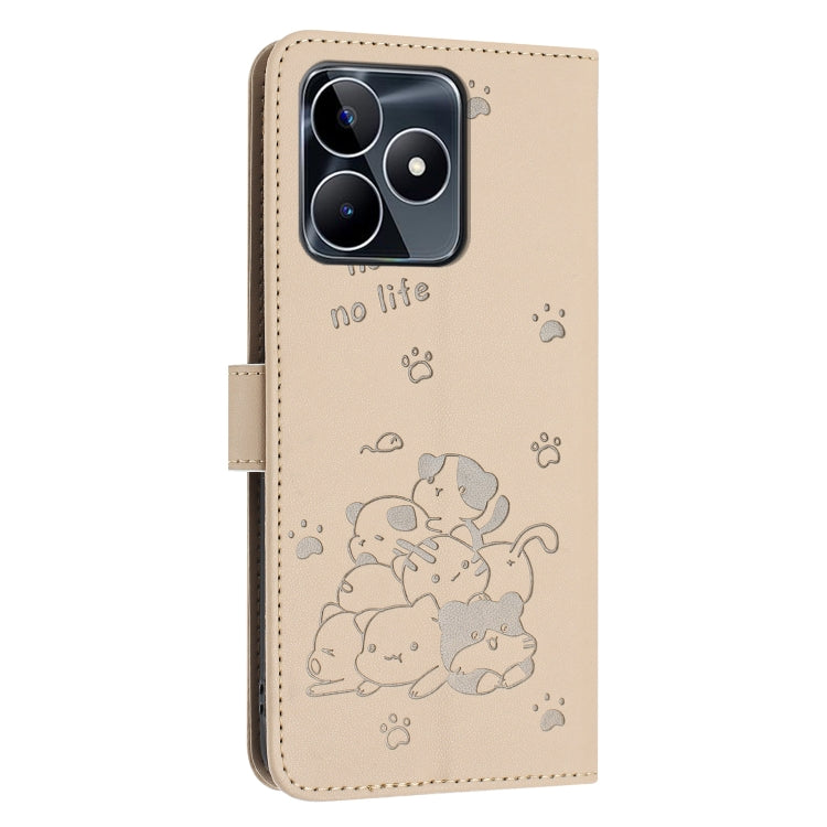 For Realme C53 / Narzo N53 Embossed Kitten Phone Leather Case with Lanyard