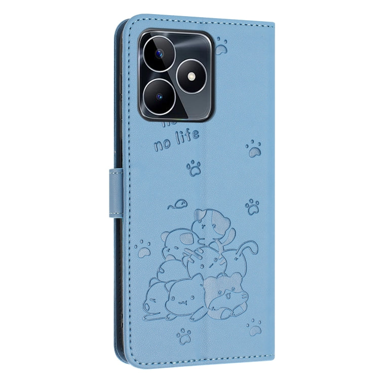 For Realme C53 / Narzo N53 Embossed Kitten Phone Leather Case with Lanyard