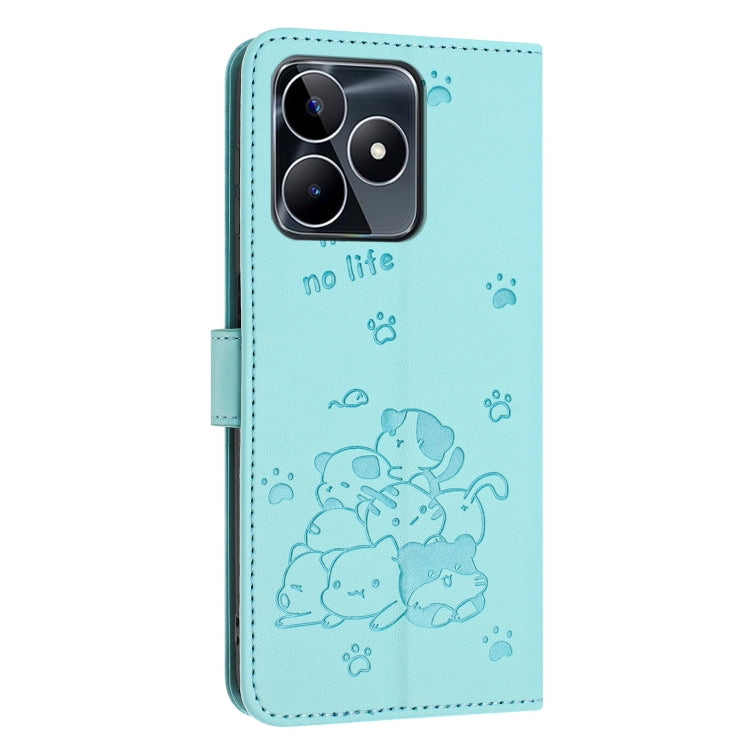 For Realme C53 / Narzo N53 Embossed Kitten Phone Leather Case with Lanyard
