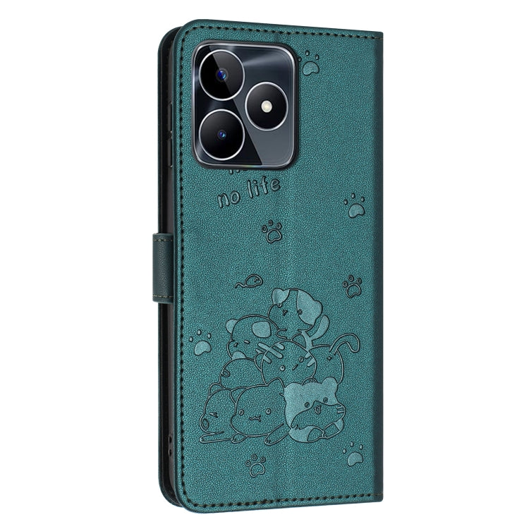 For Realme C53 / Narzo N53 Embossed Kitten Phone Leather Case with Lanyard
