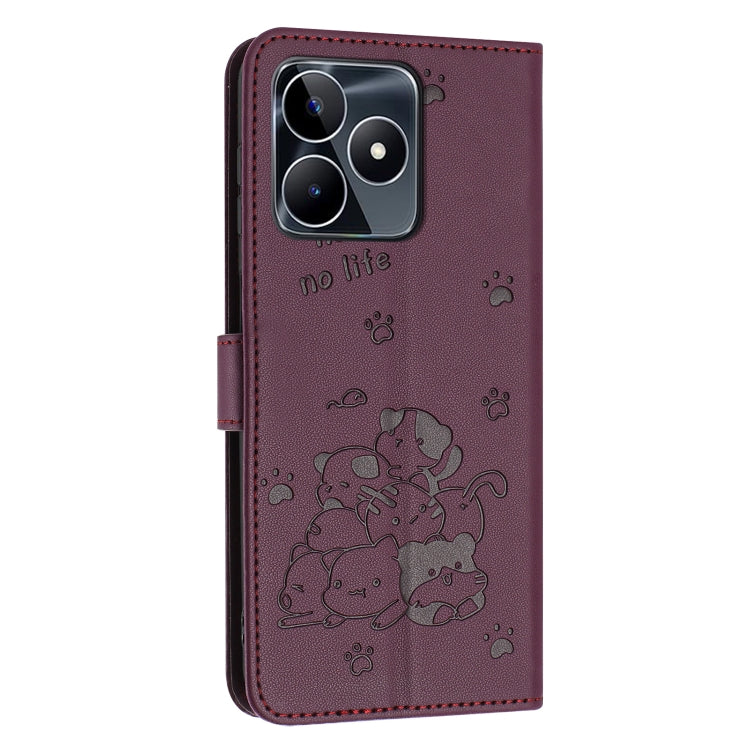 For Realme C53 / Narzo N53 Embossed Kitten Phone Leather Case with Lanyard