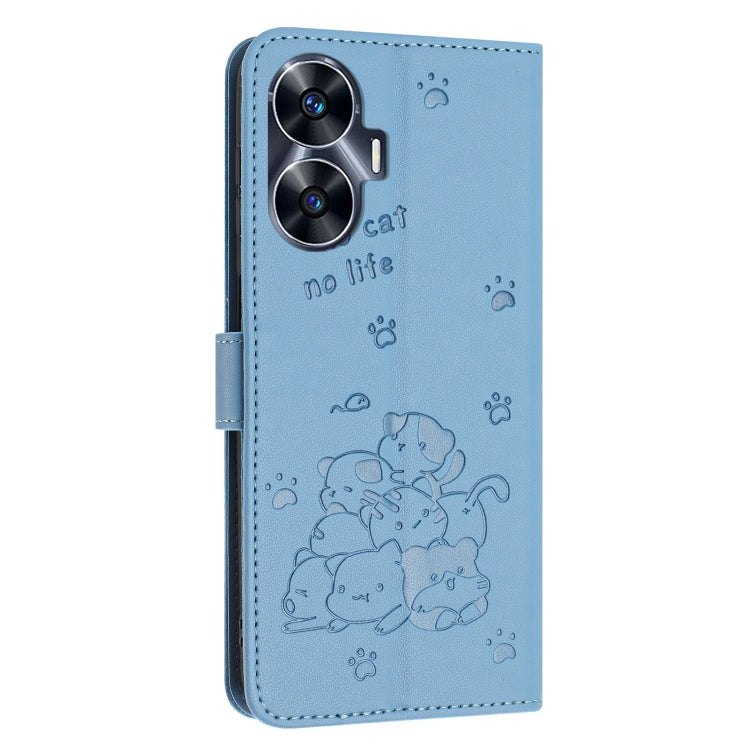 For Realme C55 Embossed Kitten Phone Leather Case with Lanyard