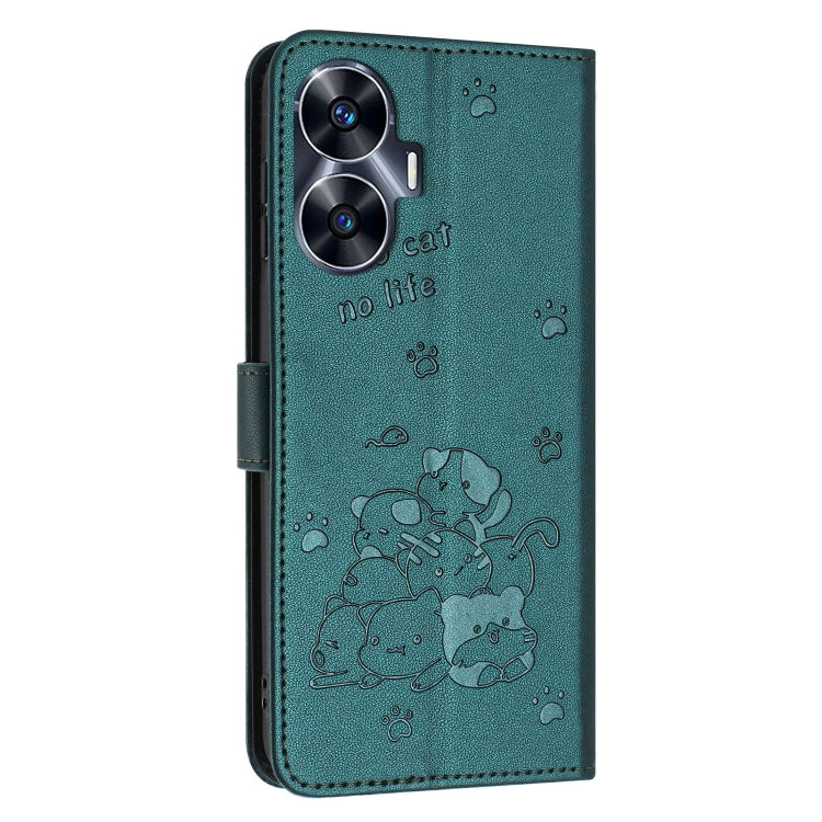 For Realme C55 Embossed Kitten Phone Leather Case with Lanyard