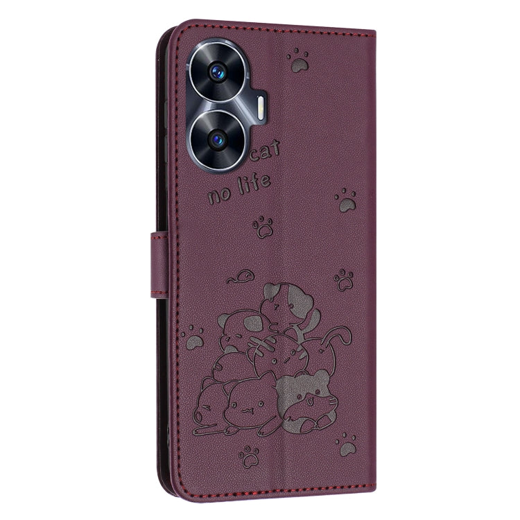 For Realme C55 Embossed Kitten Phone Leather Case with Lanyard