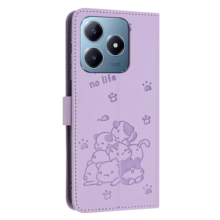For Realme C63 / C61 / Note 60 Embossed Kitten Phone Leather Case with Lanyard