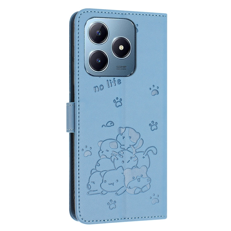 For Realme C63 / C61 / Note 60 Embossed Kitten Phone Leather Case with Lanyard