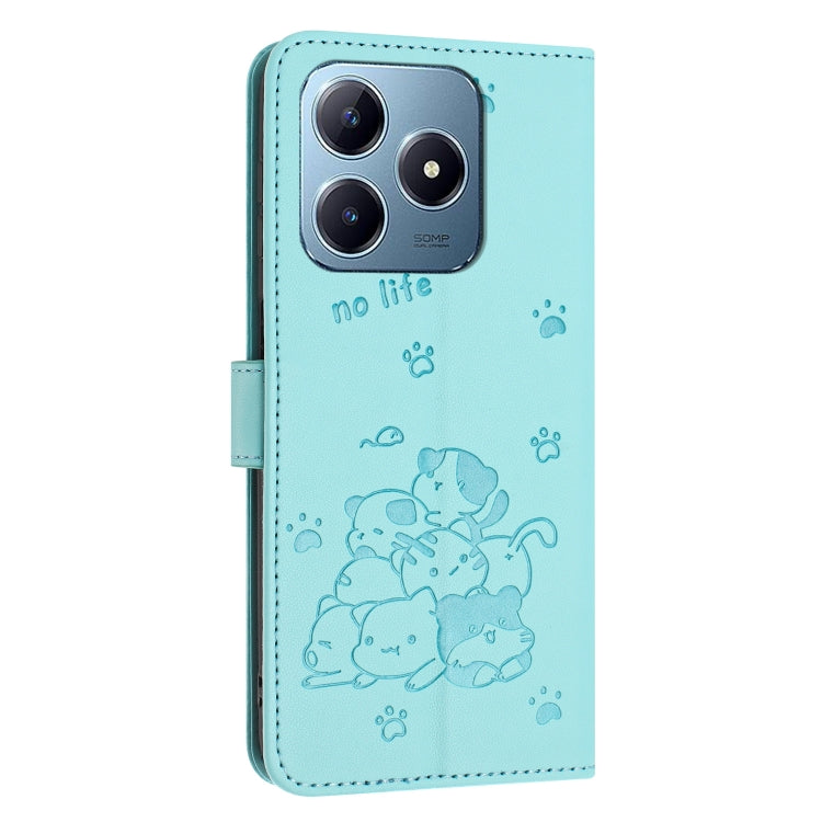 For Realme C63 / C61 / Note 60 Embossed Kitten Phone Leather Case with Lanyard