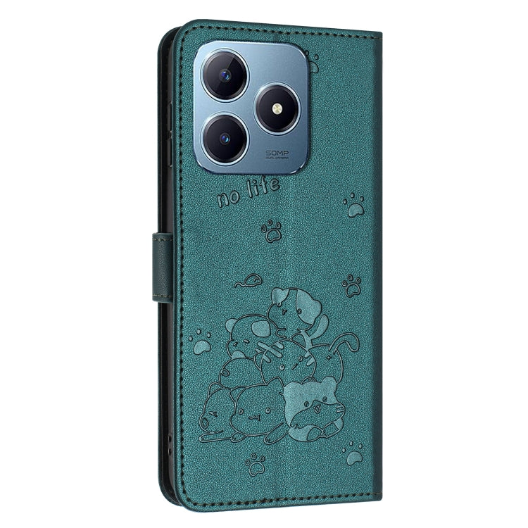 For Realme C63 / C61 / Note 60 Embossed Kitten Phone Leather Case with Lanyard