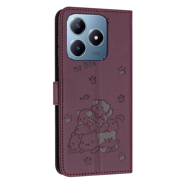 For Realme C63 / C61 / Note 60 Embossed Kitten Phone Leather Case with Lanyard