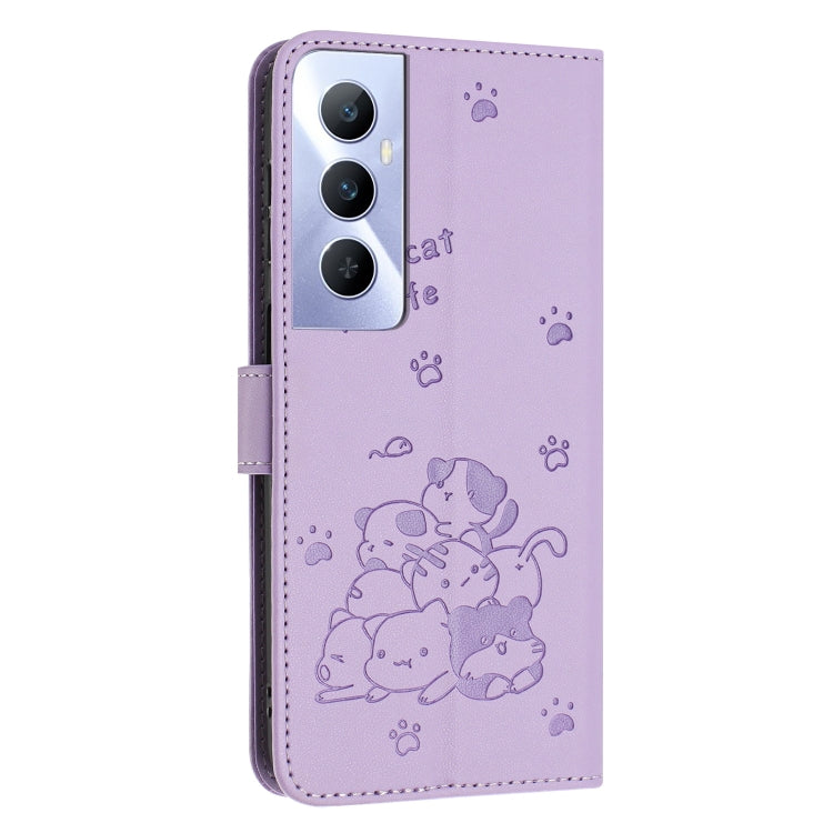For Realme C65 4G Global Embossed Kitten Phone Leather Case with Lanyard