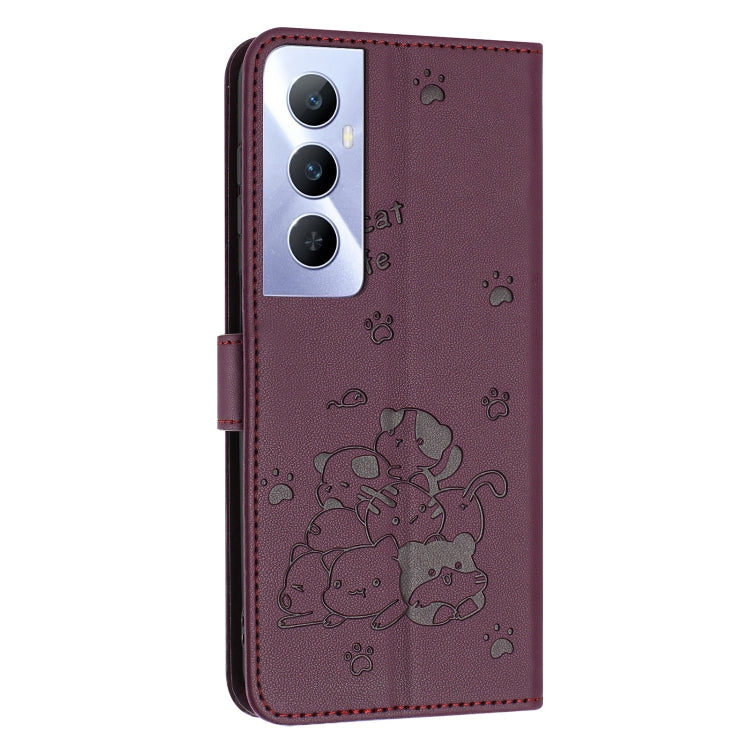 For Realme C65 4G Global Embossed Kitten Phone Leather Case with Lanyard