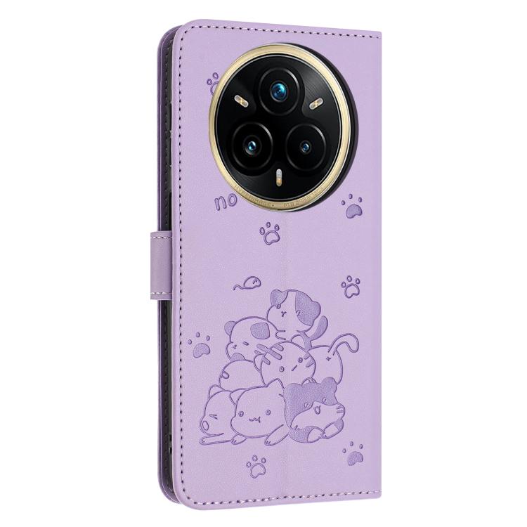 For Realme 14 Pro+ Embossed Kitten Phone Leather Case with Lanyard
