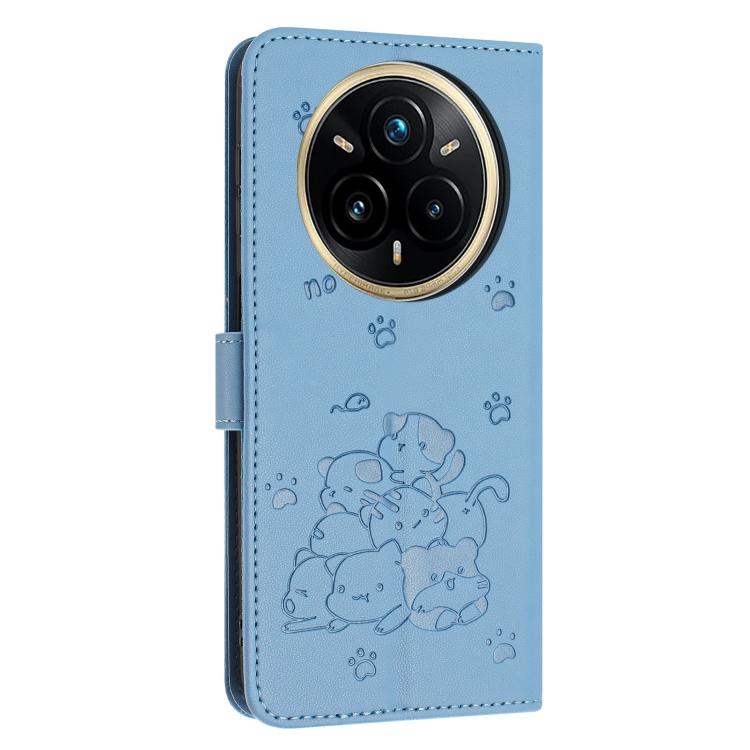 For Realme 14 Pro+ Embossed Kitten Phone Leather Case with Lanyard