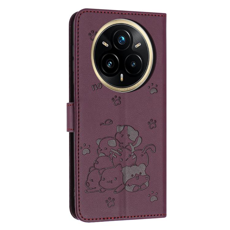 For Realme 14 Pro+ Embossed Kitten Phone Leather Case with Lanyard