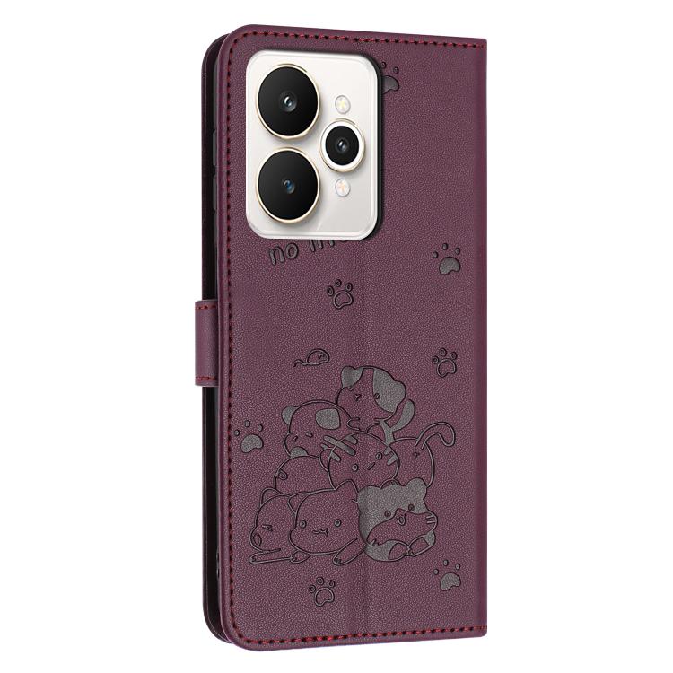 For Realme 15 / 15 Pro Embossed Kitten Phone Leather Case with Lanyard