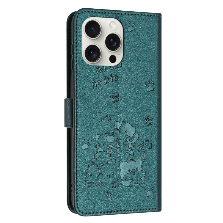 For iPhone 16 Pro Max Embossed Kitten Phone Leather Case with Lanyard