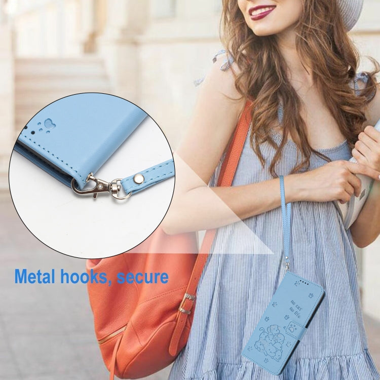 For iPhone 16 Pro Embossed Kitten Phone Leather Case with Lanyard
