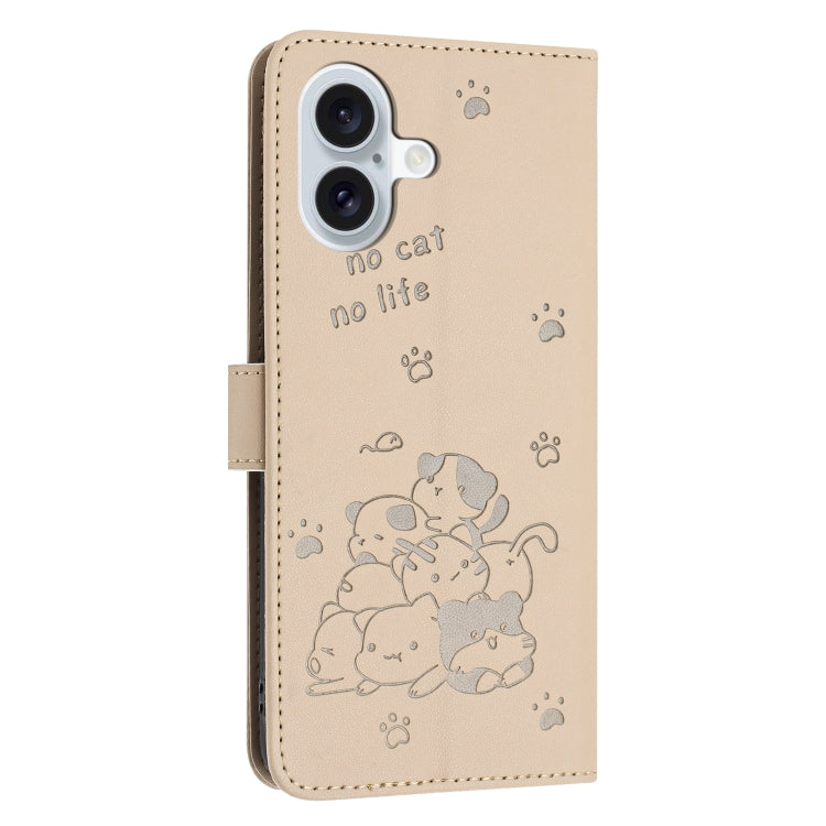 For iPhone 16 Plus Embossed Kitten Phone Leather Case with Lanyard