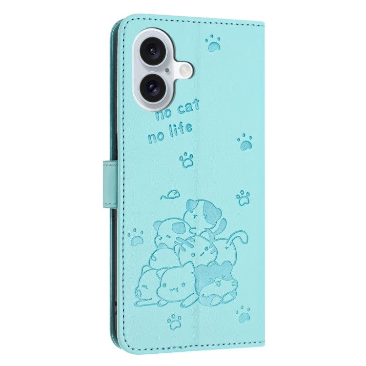 For iPhone 16 Plus Embossed Kitten Phone Leather Case with Lanyard