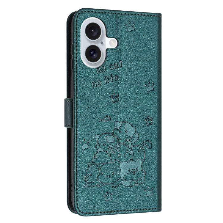 For iPhone 16 Plus Embossed Kitten Phone Leather Case with Lanyard