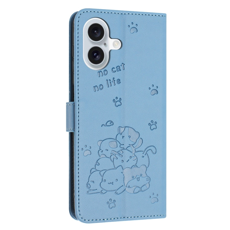 For iPhone 16 Embossed Kitten Phone Leather Case with Lanyard