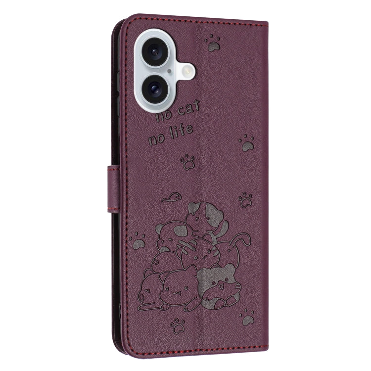 For iPhone 16 Embossed Kitten Phone Leather Case with Lanyard