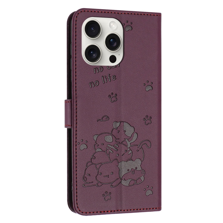 For iPhone 15 Pro Max Embossed Kitten Phone Leather Case with Lanyard