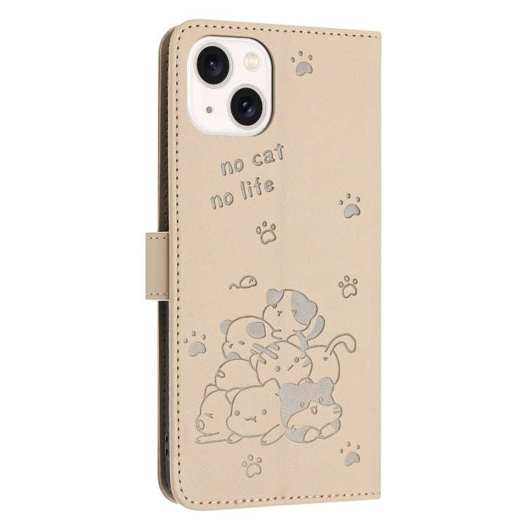 For iPhone 15 Embossed Kitten Phone Leather Case with Lanyard