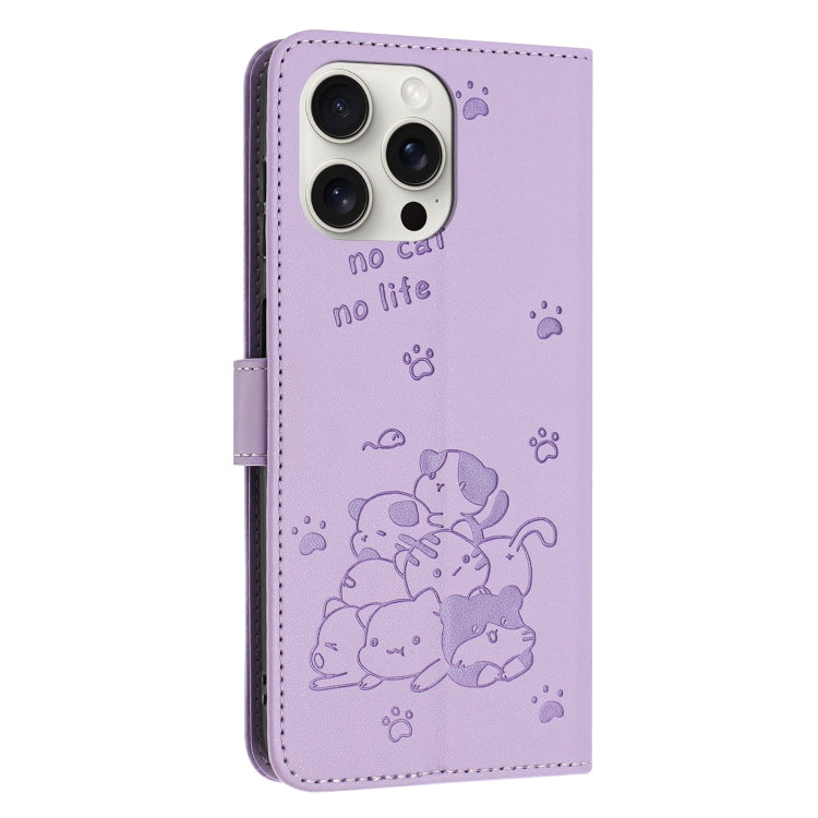 For iPhone 14 Pro Max Embossed Kitten Phone Leather Case with Lanyard