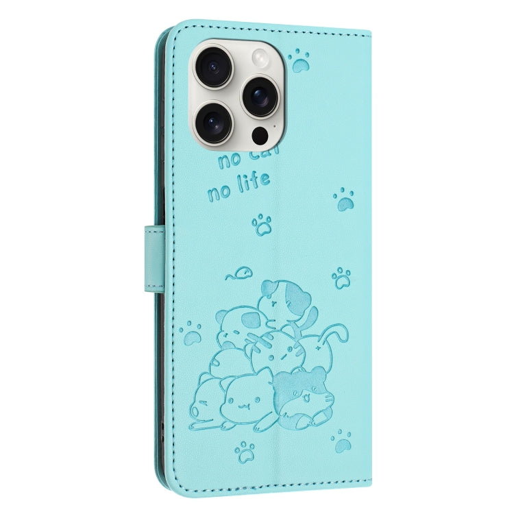 For iPhone 14 Pro Max Embossed Kitten Phone Leather Case with Lanyard