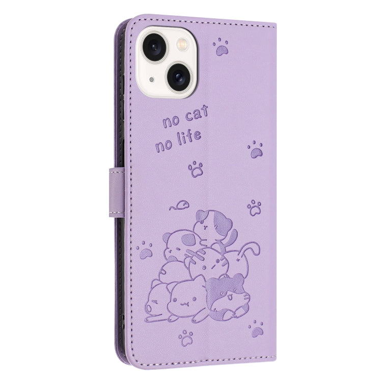 For iPhone 14 Plus Embossed Kitten Phone Leather Case with Lanyard