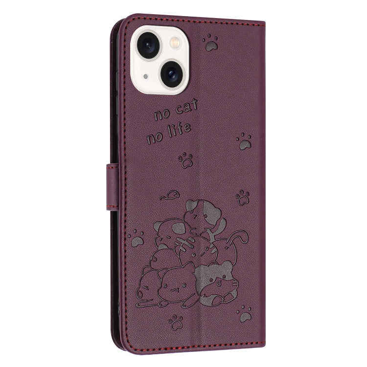 For iPhone 14 Plus Embossed Kitten Phone Leather Case with Lanyard
